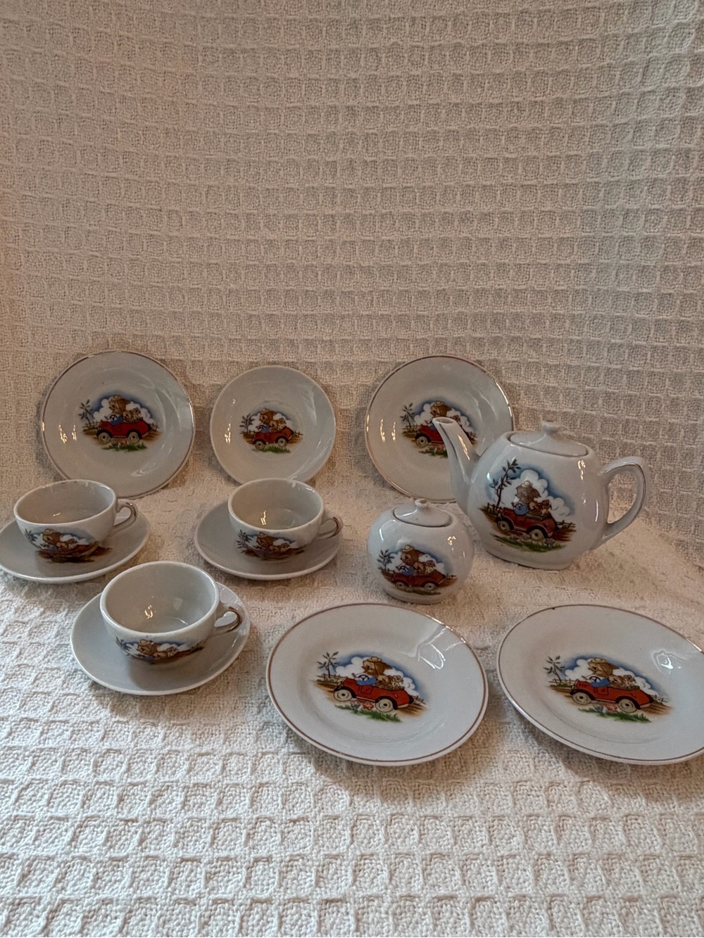 Vintage Made In Japan Cartoon Children's Tea Set Bears & Mouse In Car 15 Pieces